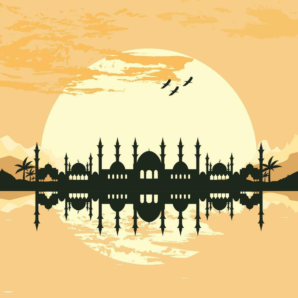 mezquita silueta con montañas y puesta de sol en el antecedentes vector