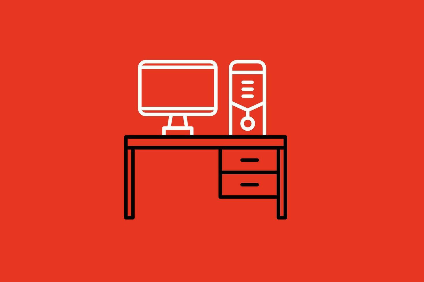 desk with computer icon over red background, line style, vector illustration