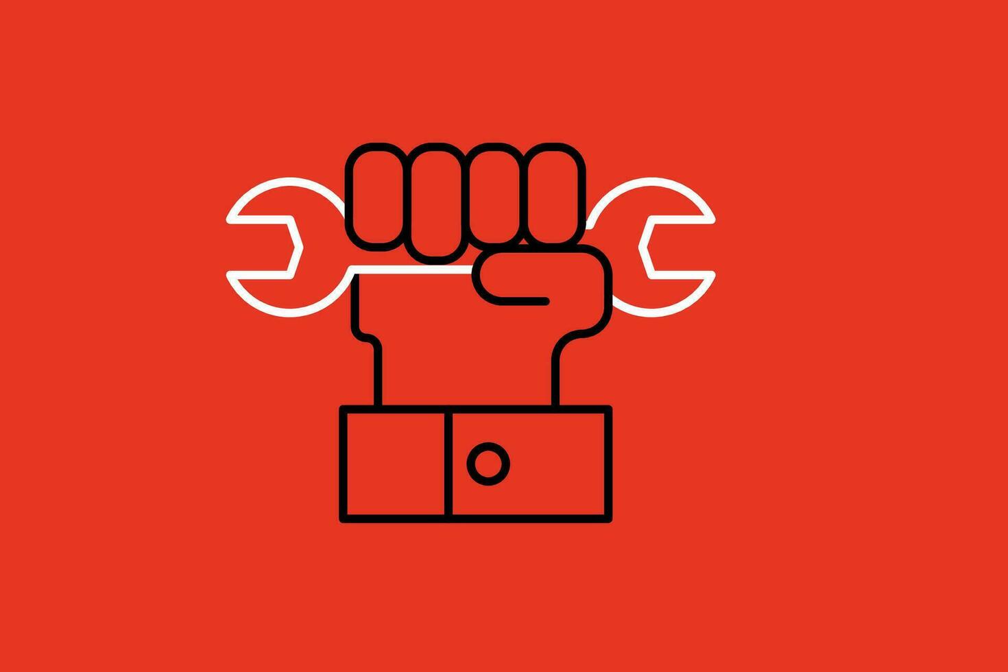 Hand with wrench icon. Outline vector illustration. Isolated on red background.