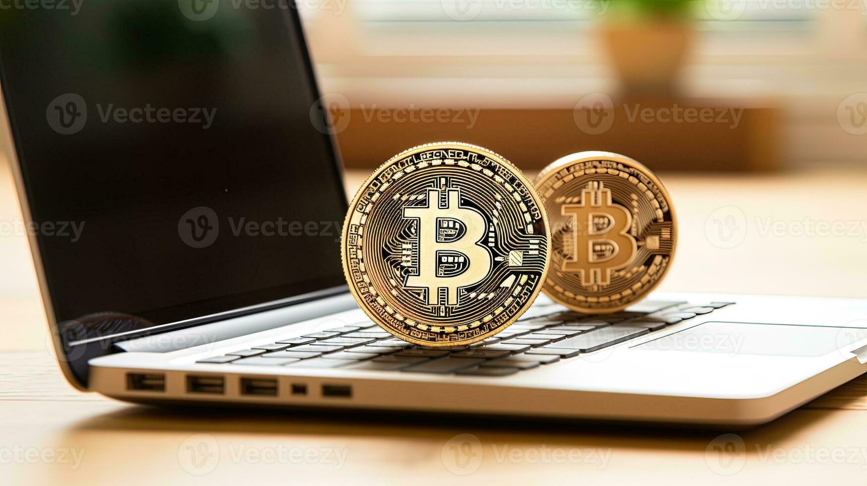 AI generated Golden bitcoin coins on laptop. Cryptocurrency and finance concept. AI generative photo