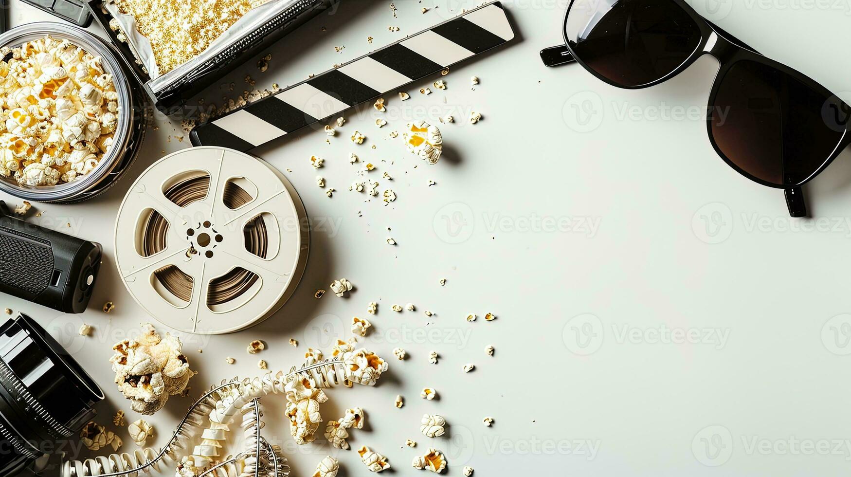 AI generated Flat lay composition with film reel, camera and popcorn on white background. AI generative photo