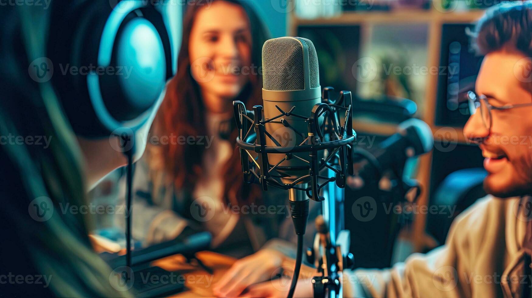 ai generado hembra podcaster hablando a un masculino invitado en un grabación estudio, ai generativo foto