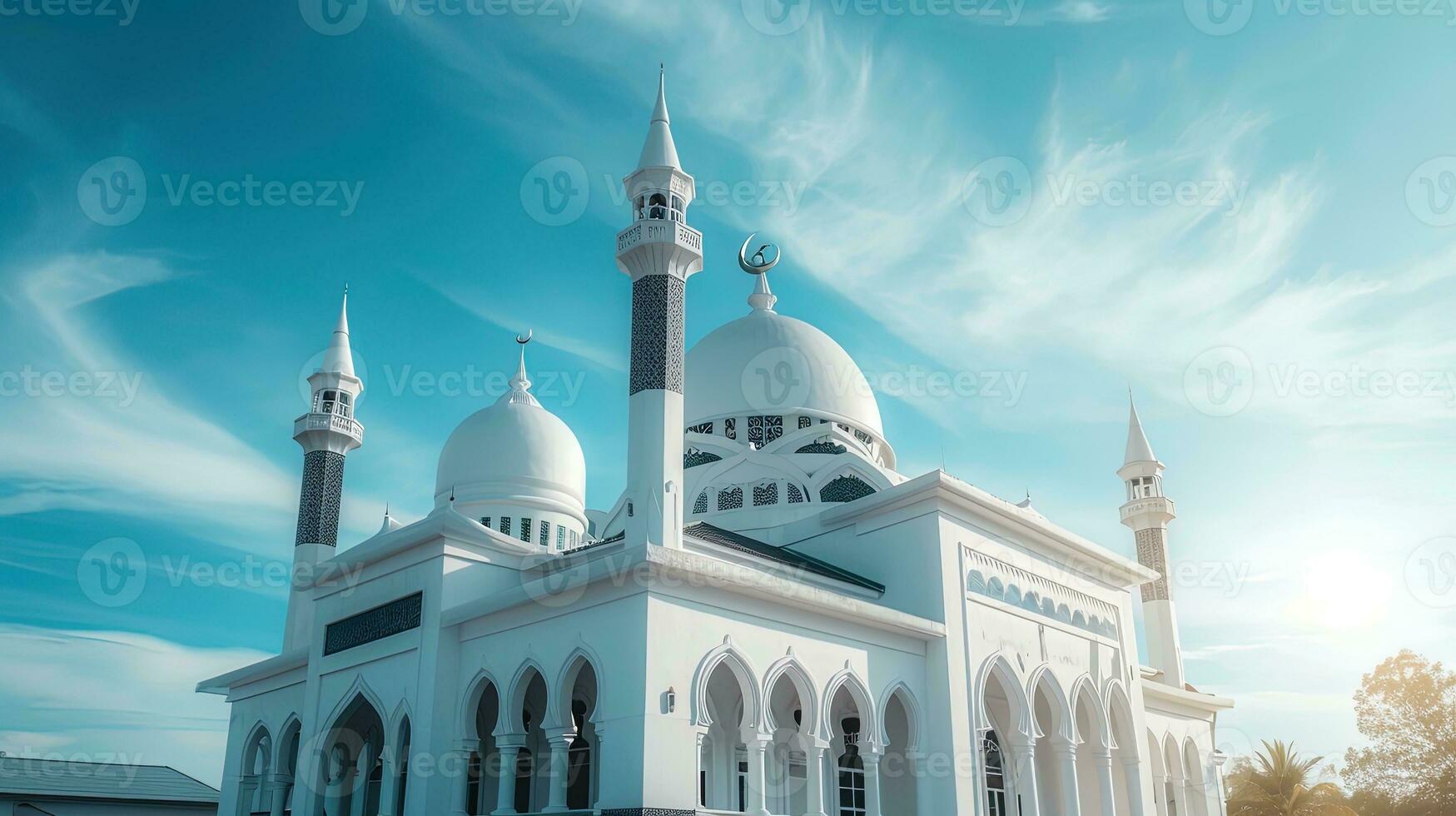 AI generated Mosque with blue sky and white cloud, ai generative photo