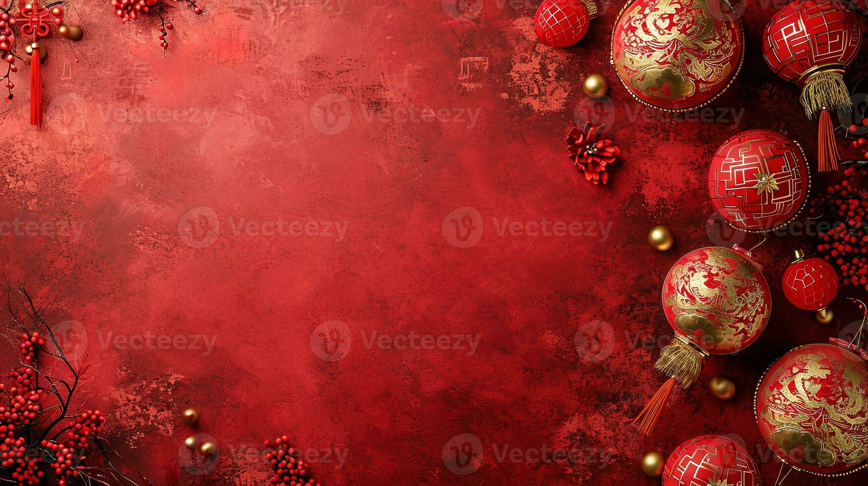 AI generated Christmas background with red baubles and snowflakes, ai generative photo