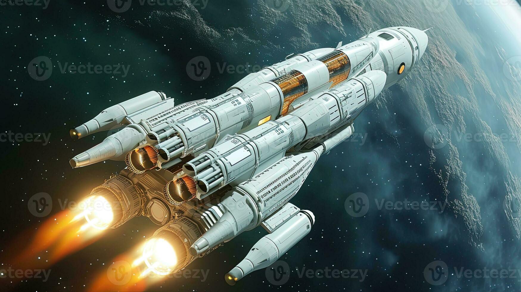 AI generated Spaceship in space. Science fiction art. 3D rendering, ai generative photo
