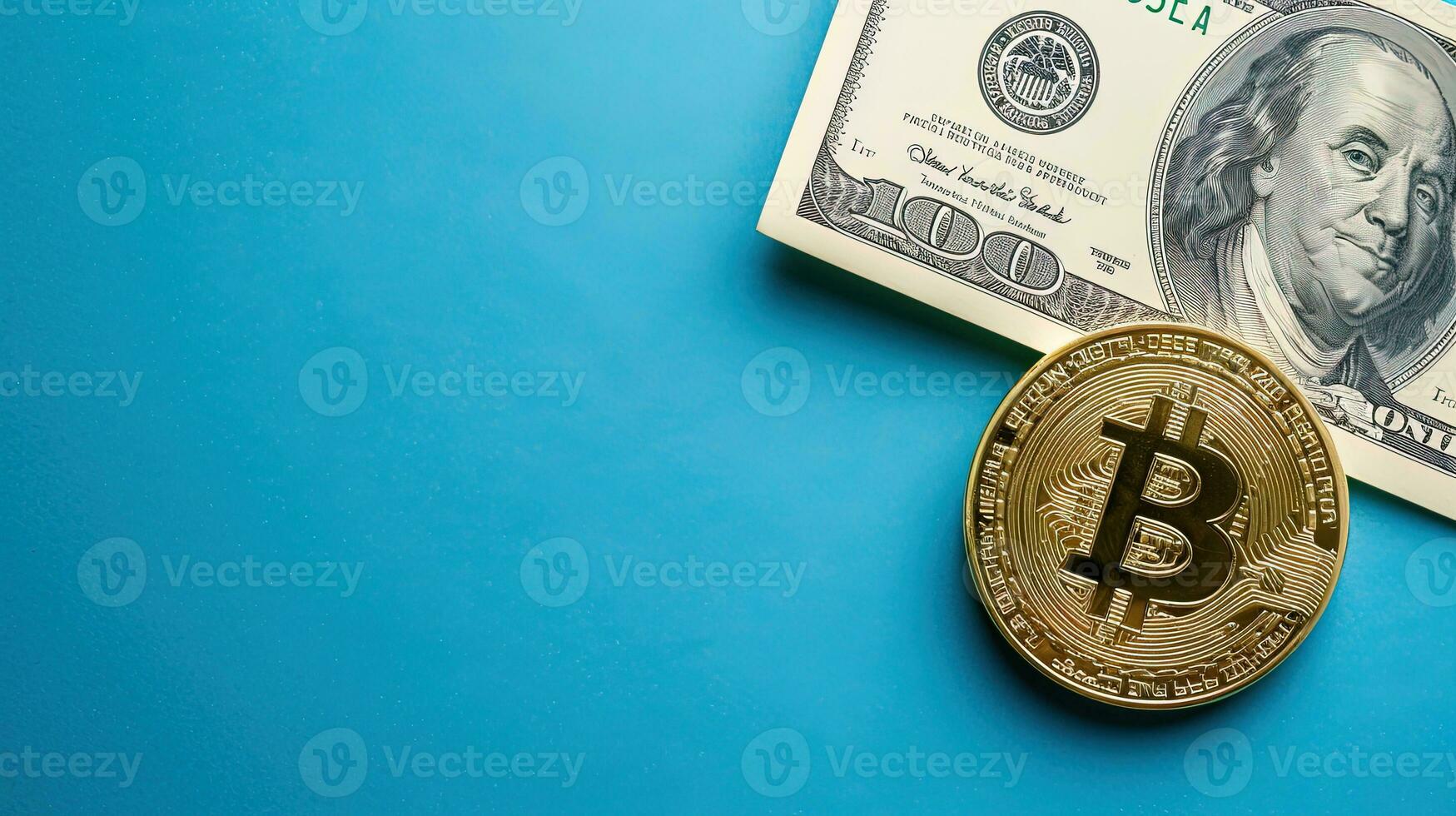 AI generated Golden bitcoin and dollar bills on a blue background, cryptocurrency concept. AI generative photo