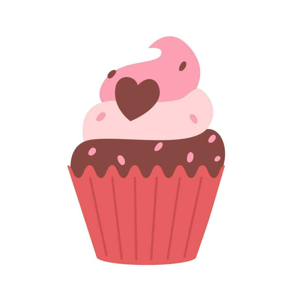 Cute cupcake with heart vector Illustration. Sweet muffin on a white background. Valentine's day. Perfect for greeting cards, postcard, invitation.