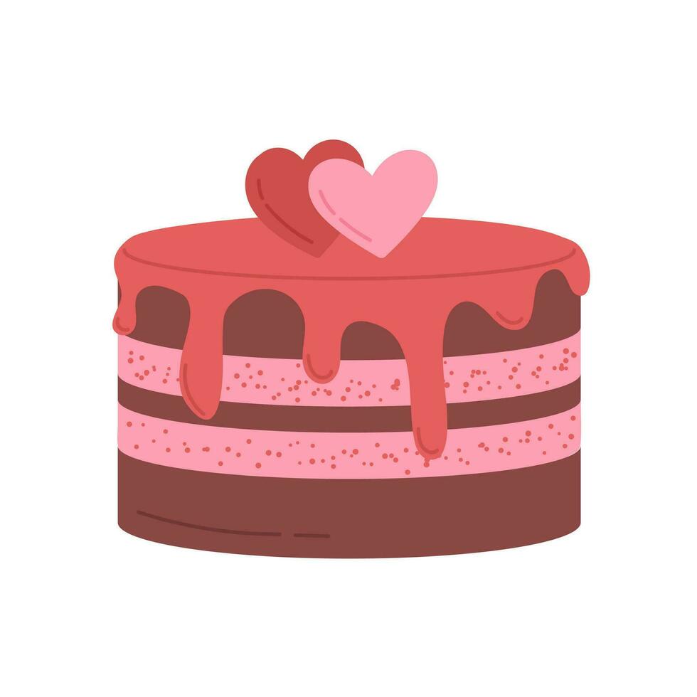 Cute Valentine's day cake with hearts on white background. Sweet dessert Vector illustration in cartoon style. Perfect for greeting cards, postcard, invitation.