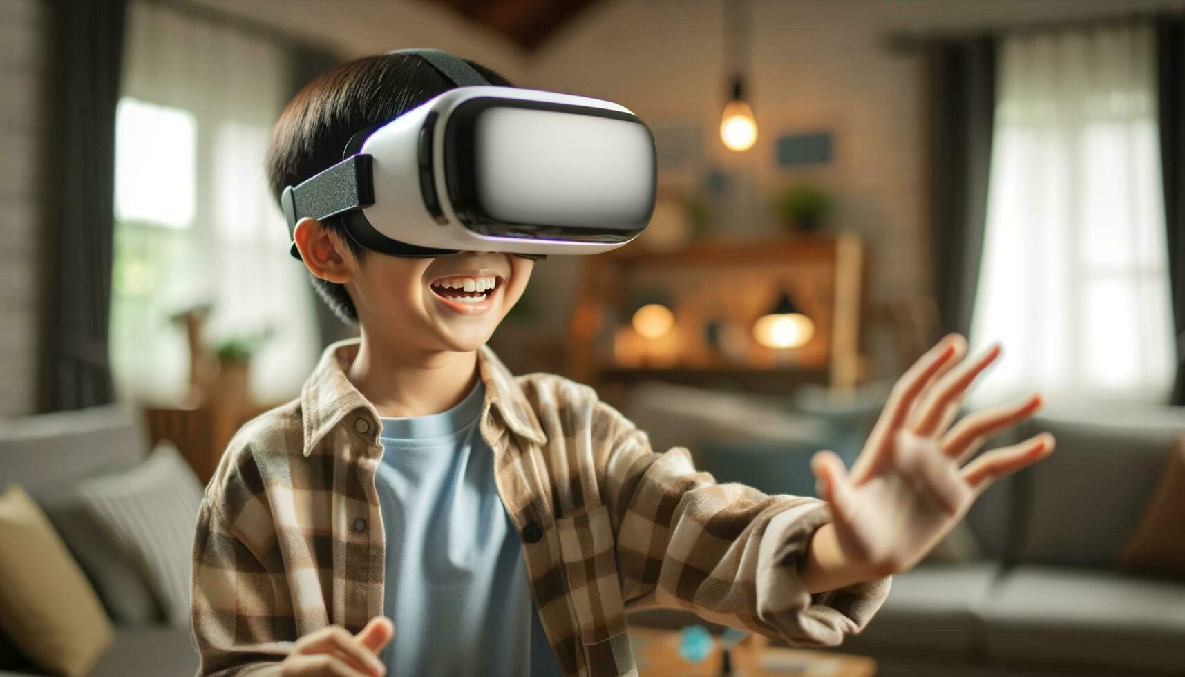 AI generated online education asian Young Boy wearing VR Headset with Living Room Background AI Generative photo