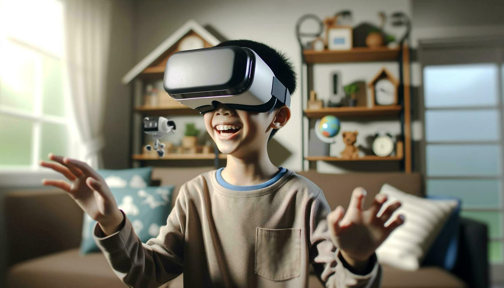 AI generated online education asian Young Boy wearing VR Headset with Living Room Background AI Generative photo