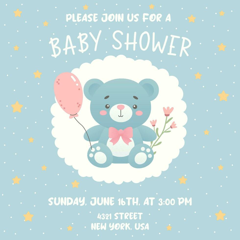 Baby shower invitation with cute bear and pink balloon. Design template invitation card for baby and kids new born celebration. vector