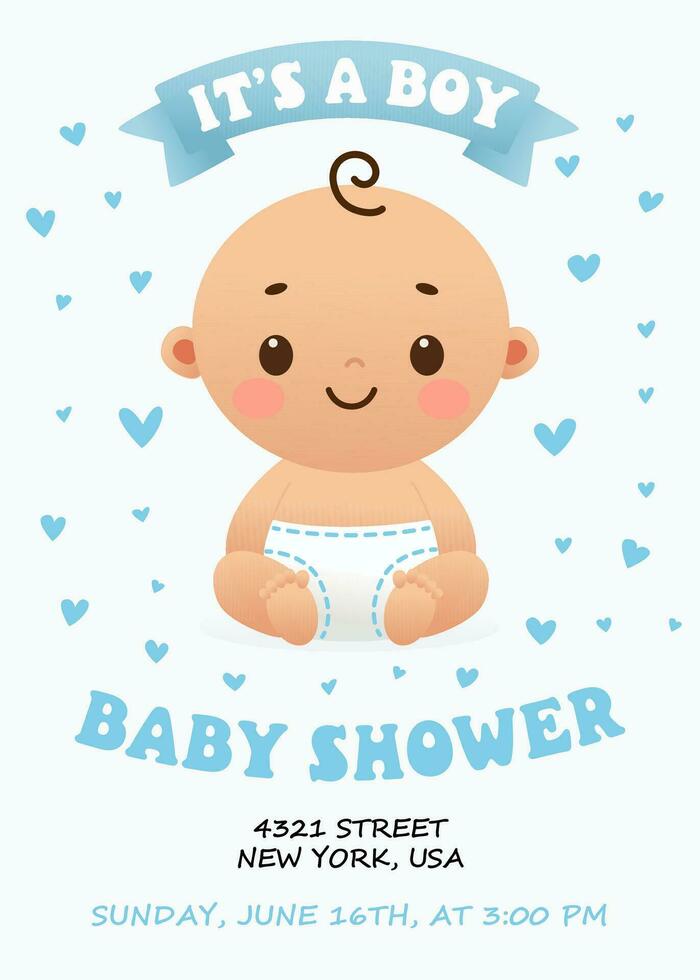 Cute baby shower invitation card for baby and kids new born celebration. Its a boy card with little baby boy and hearts. Design template card. vector