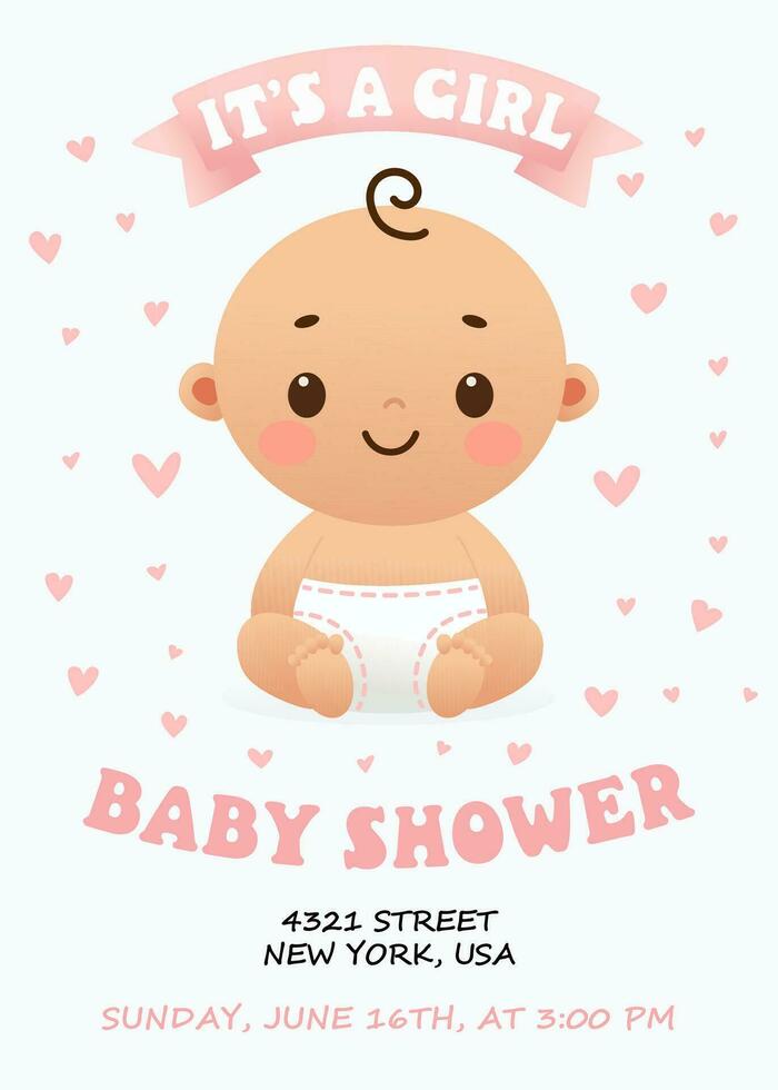 linda bebé ducha invitación tarjeta para bebé y niños nuevo nacido celebracion. es un niña tarjeta con pequeño bebé niña y corazones. diseño modelo tarjeta. vector