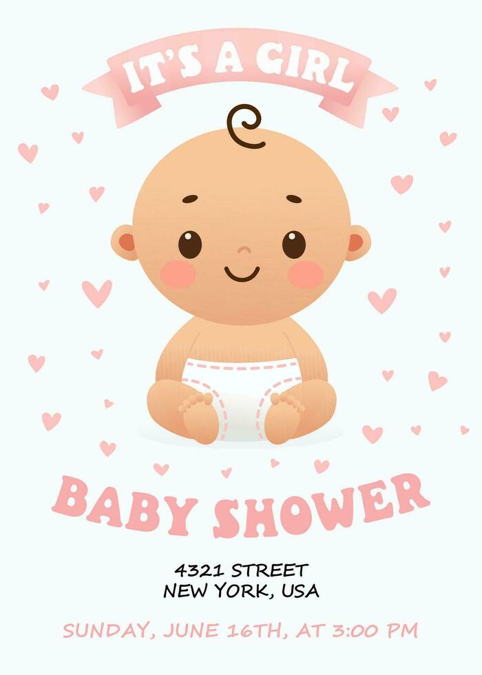 Cute baby shower invitation card for baby and kids new born celebration. It's a girl card with little baby girl and hearts. Design template card. vector