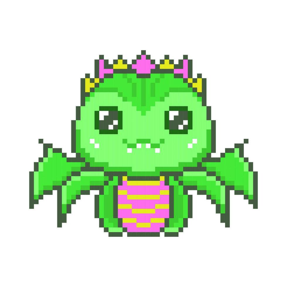 Cute green pixel dragons with open wings. Kawaii funny woody dinosaur with fantasy 8bit graphics and fabulous horns and legendary smiling little vector monsters