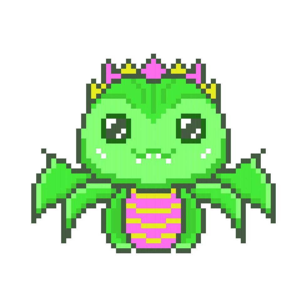 linda verde píxel dragones con abierto alas. kawaii gracioso leñoso dinosaurio con fantasía 8 bits gráficos y fabuloso cuernos y legendario sonriente pequeño vector monstruos