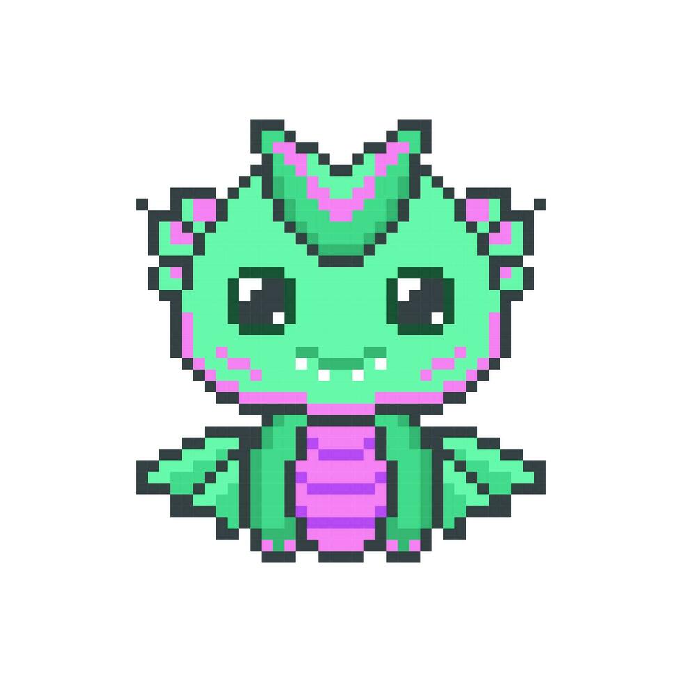 Happy green pixel dragons. Kawaii mythical funny dinosaur with fantasy 8bit graphics and horns with legendary smiling little vector monsters