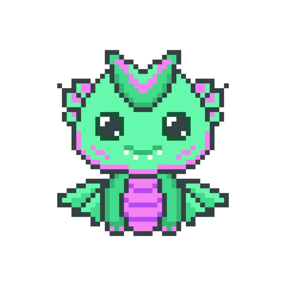 contento verde píxel dragones kawaii mítico gracioso dinosaurio con fantasía 8 bits gráficos y cuernos con legendario sonriente pequeño vector monstruos