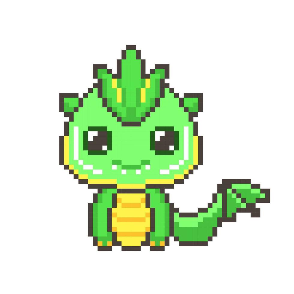 Cute green pixel chinese dragons. Kawaii colorful funny dinosaur with fantasy 8bit graphics and fabulous horns and legendary smiling little vector monsters