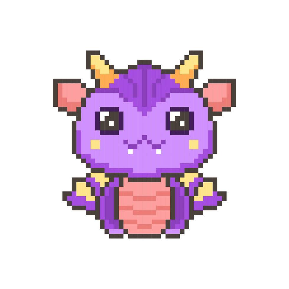 Cute purple pixel dragons. Kawaii colorful funny dinosaur with fantasy 8bit graphics and horns and legendary smiling little vector monsters