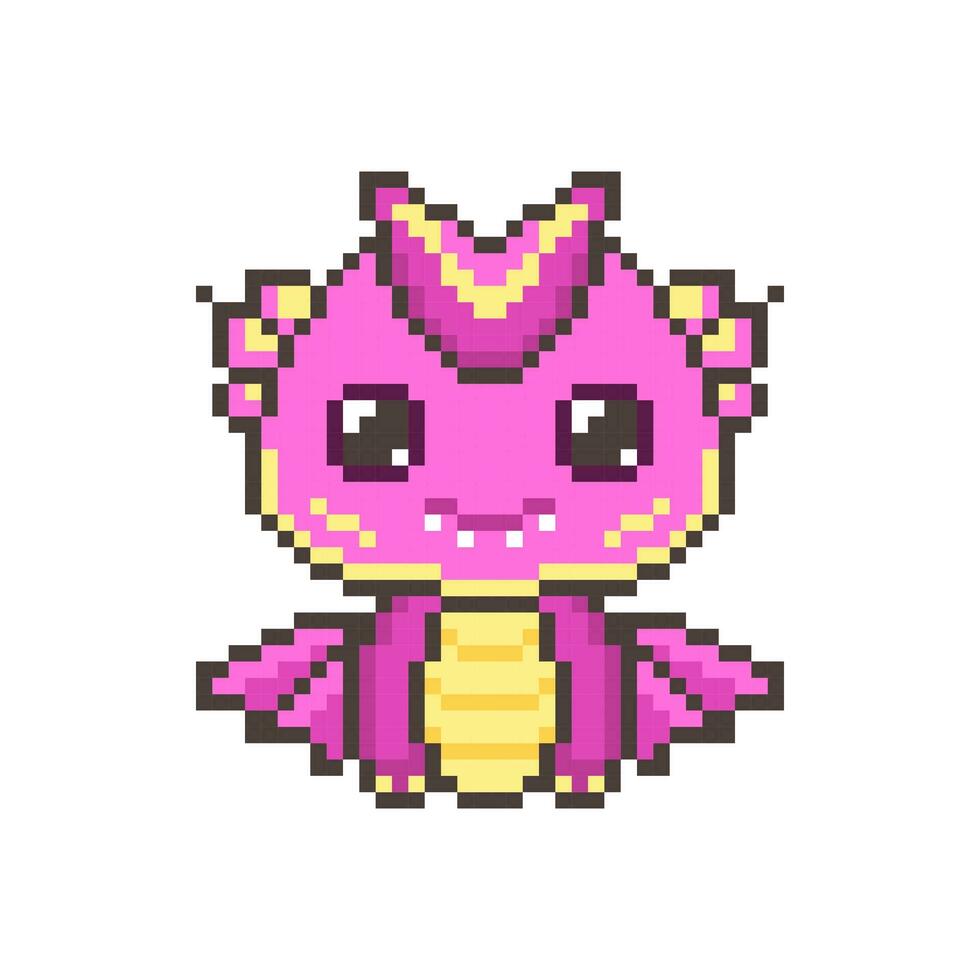 Funny pink pixel magical dragons. Kawaii colorful cute dinosaur with fantasy 8bit graphics and horns with legendary smiling little vector monsters