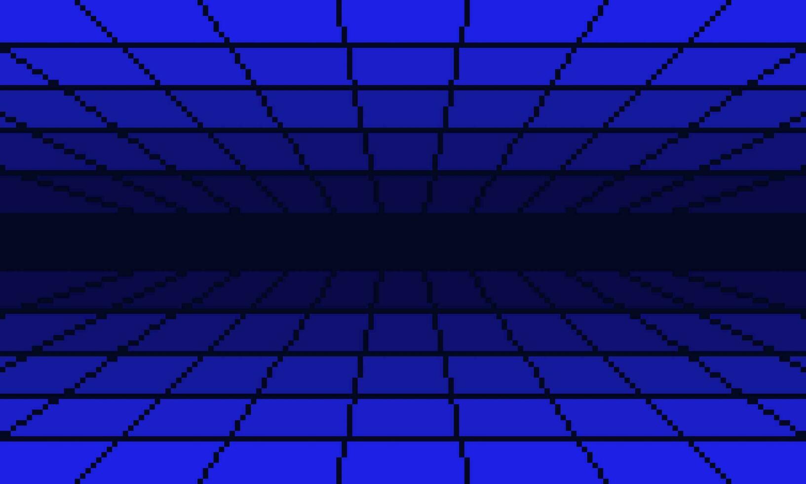 Pixel blue cyber perspective mesh tunnel background. Pixelated digital tile corridor with techno grid lines and endless futuristic surface in 80s electronic style with simple vector design