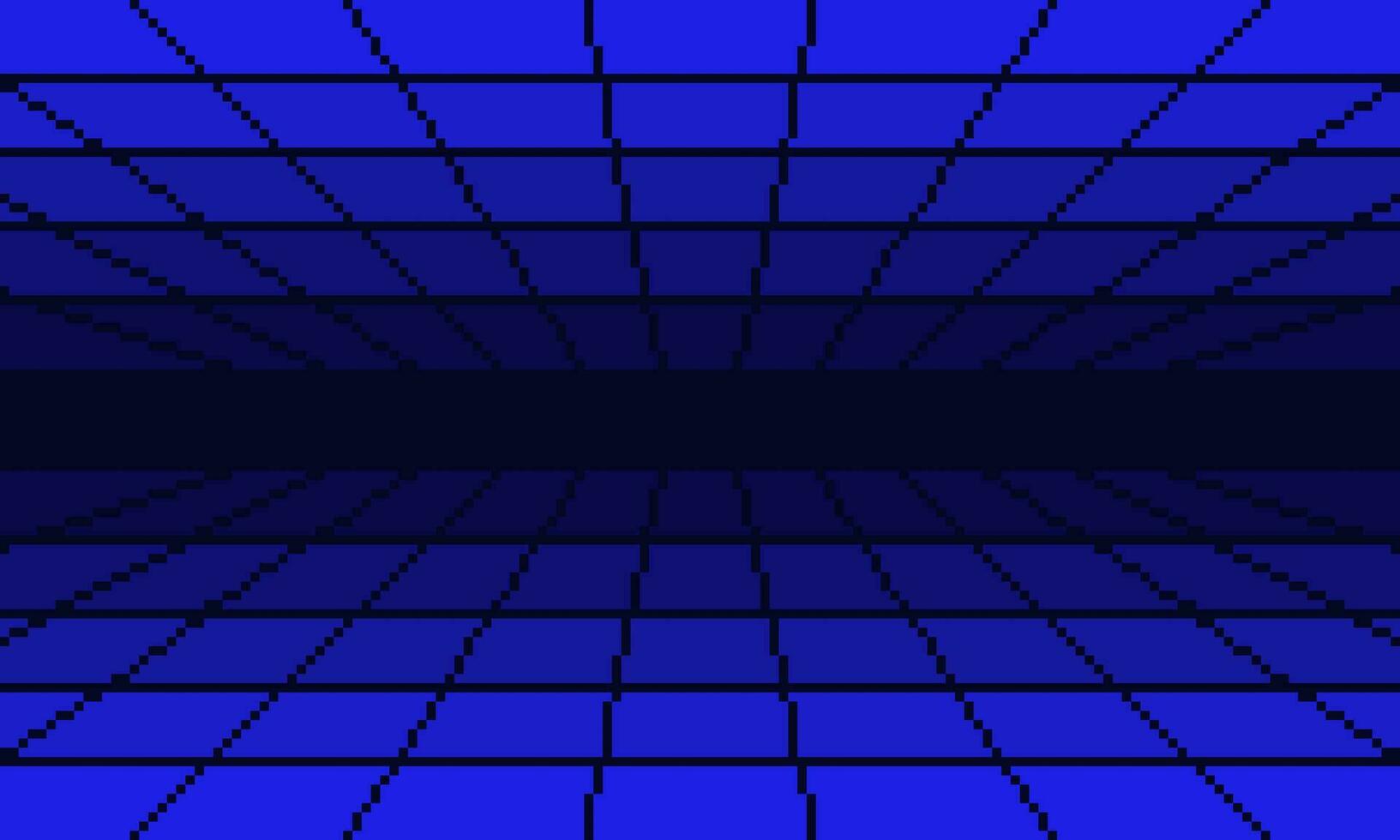 Pixel blue cyber perspective mesh tunnel background. Pixelated digital tile corridor with techno grid lines and endless futuristic surface in 80s electronic style with simple vector design