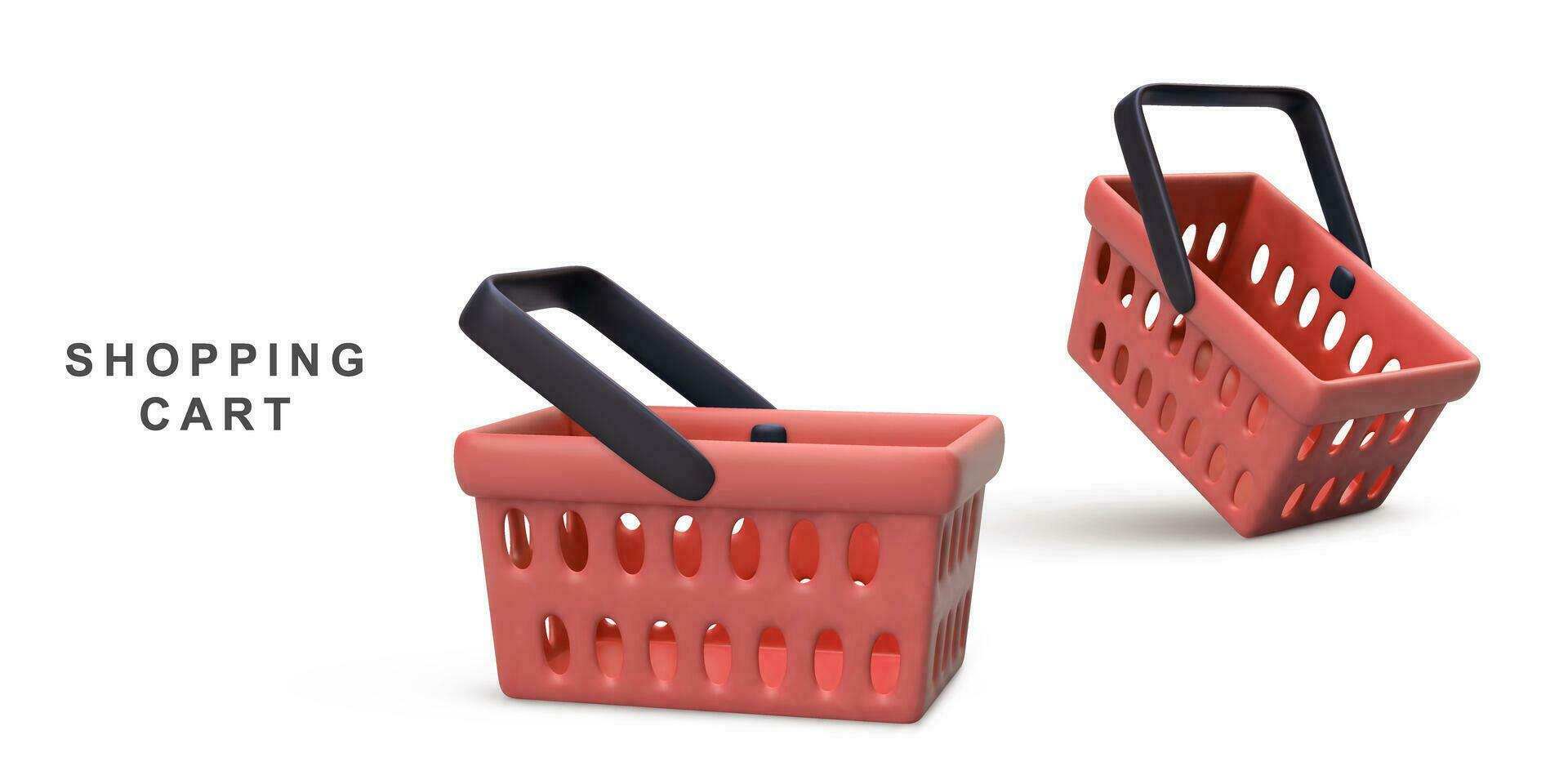 3d realistic two red shopping carts isolated on white background. Vector illustration.