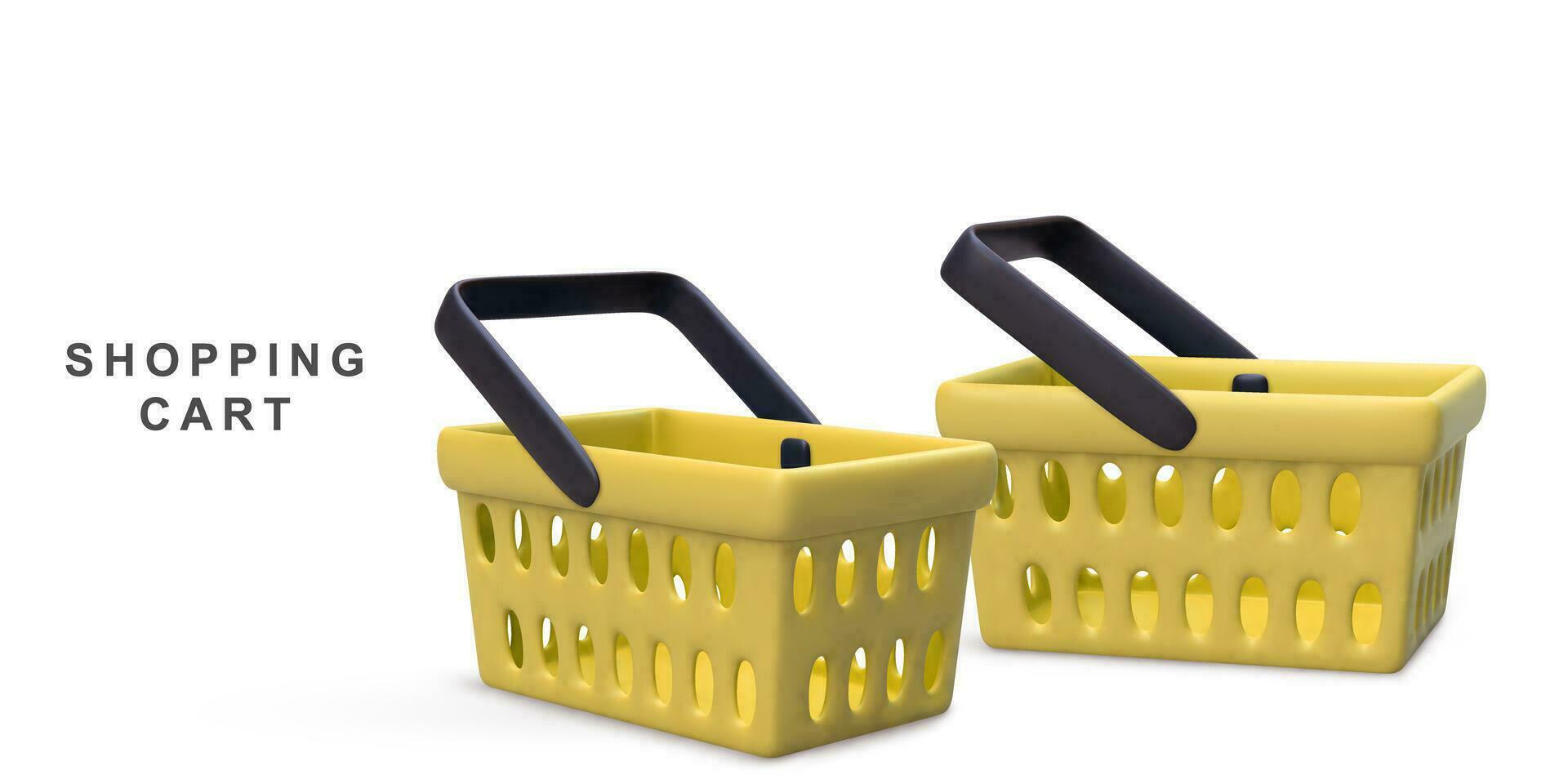 3d realistic two yellow shopping carts isolated on white background. Vector illustration.