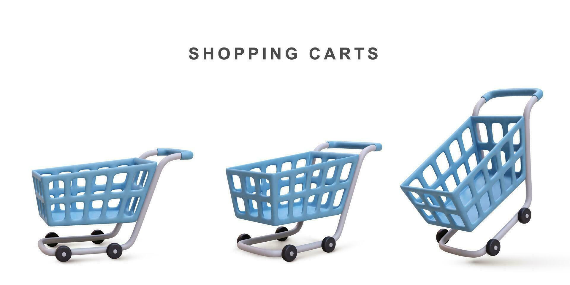 3d realistic set of blue shopping carts isolated on white background. Vector illustration.