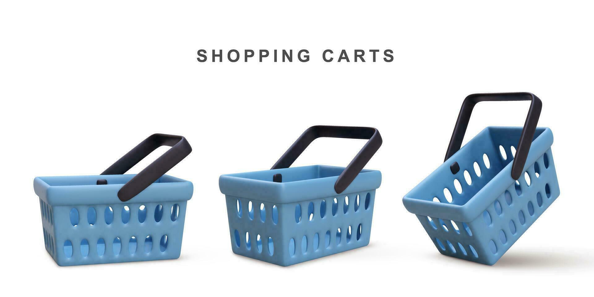 3d Set of blue shopping carts isolated on white background. Vector illustration.