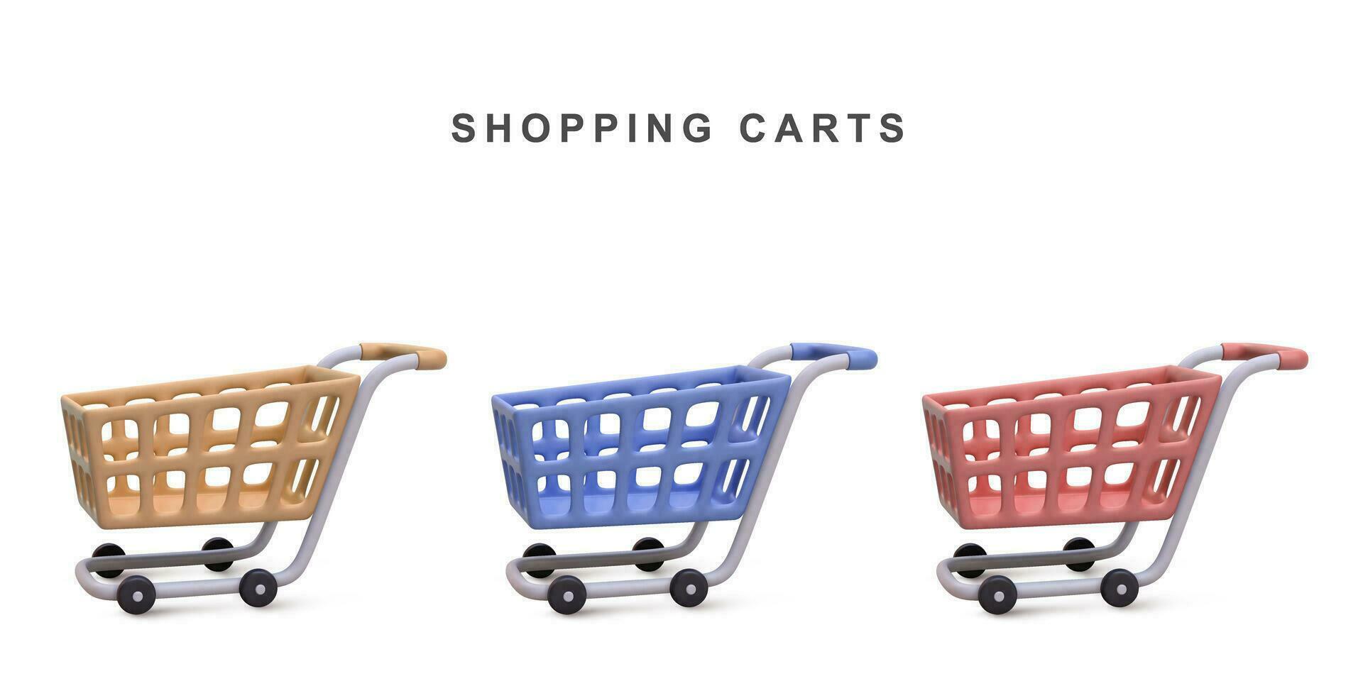 3d set of shopping carts isolated on white background. Vector illustration.