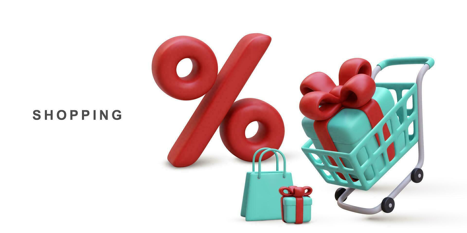 3d realistic shopping banner on sale isolated on white background. Vector illustration.