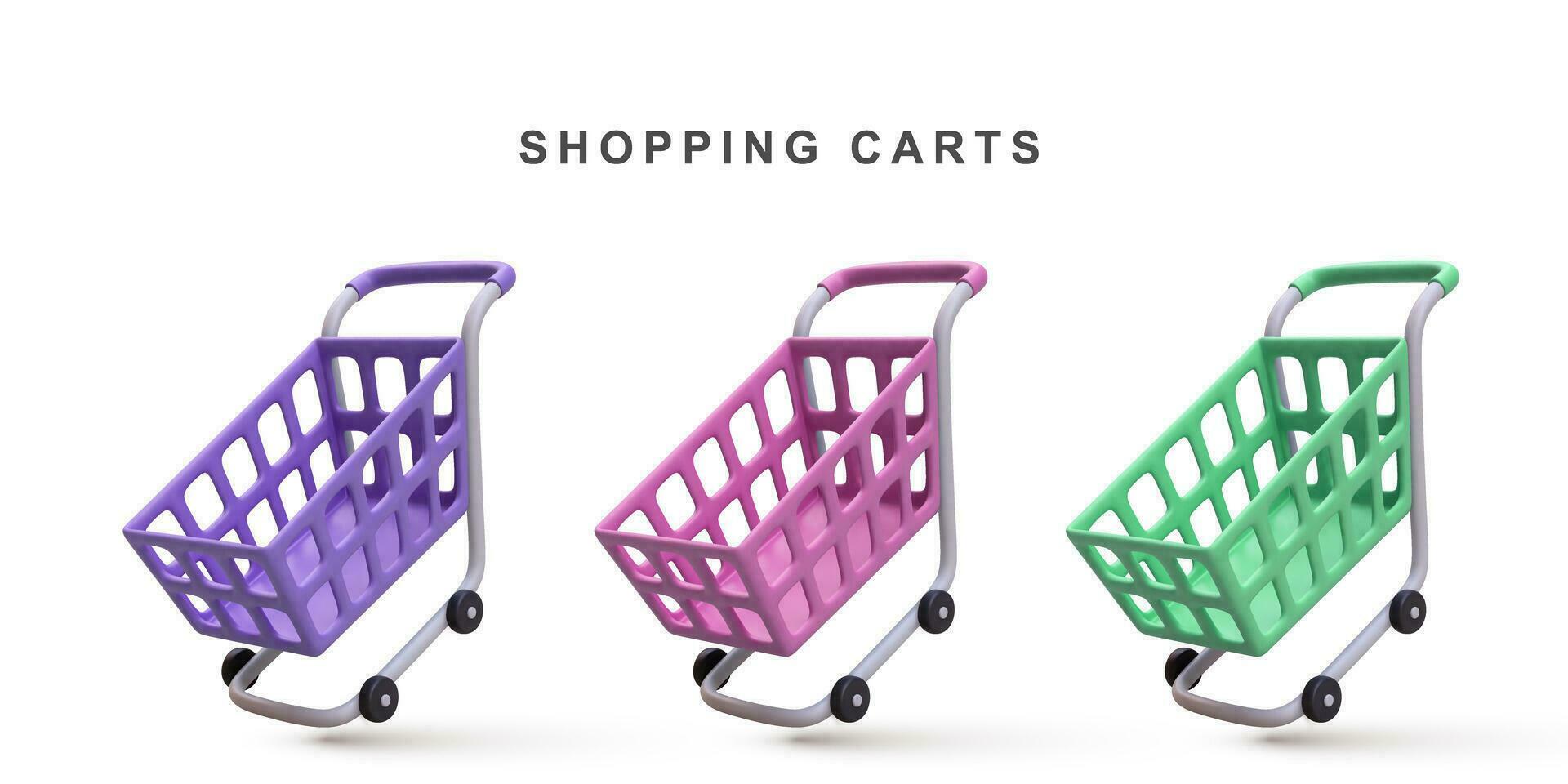 3d realistic set of shopping carts isolated on white background. Vector illustration.