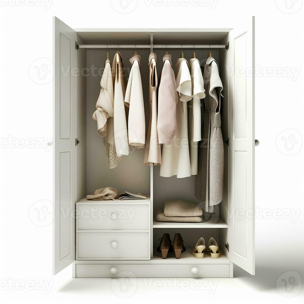 AI generated white wardrobe with two doors and two drawers, filled with clothes and shoes photo