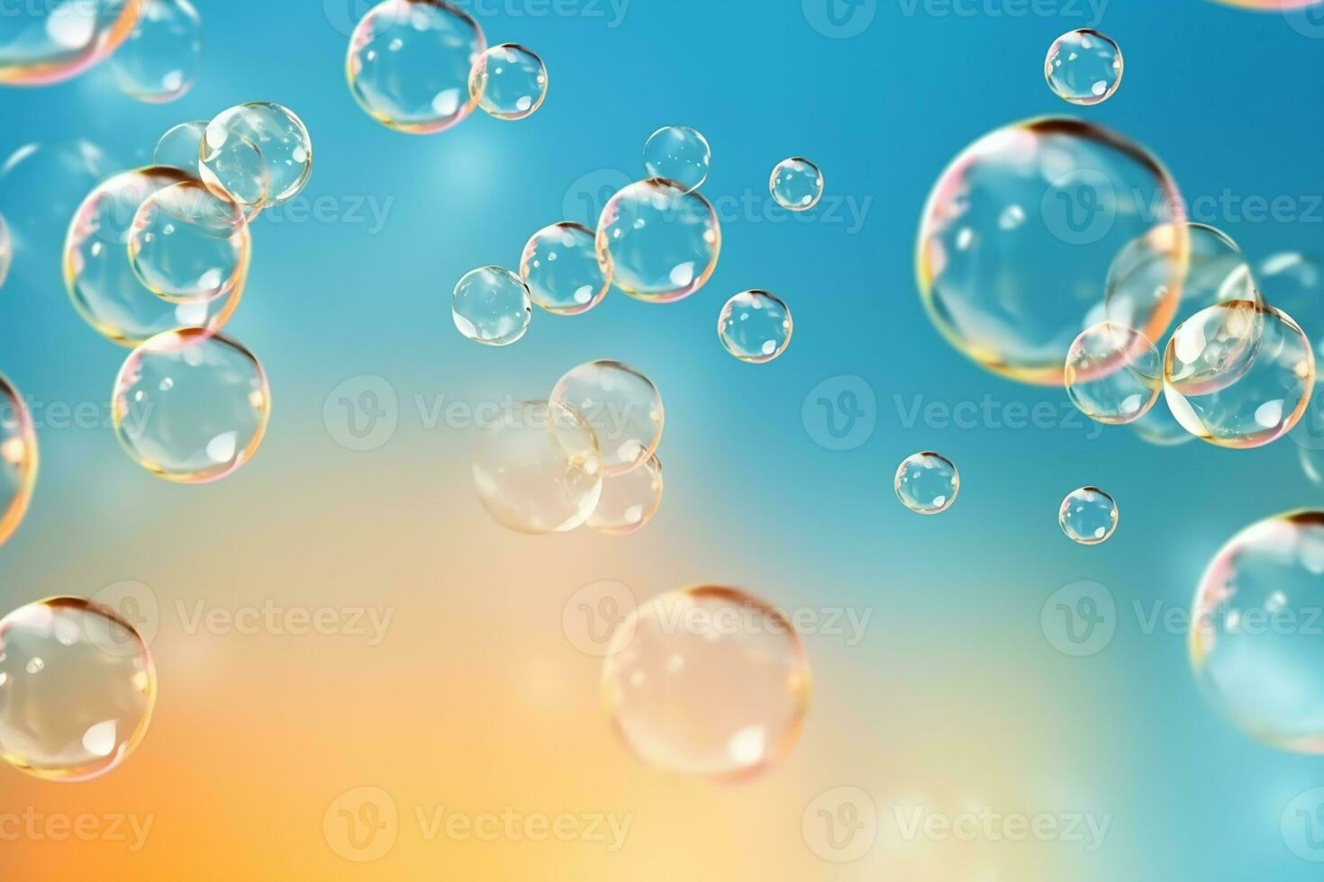 AI generated Transparent soap bubbles floating with blue and orange background. photo