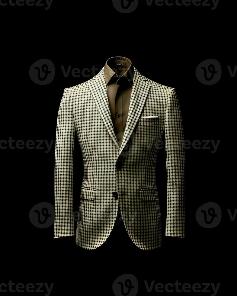 AI generated Elegant Beige Men's Suit with Gingham Motif Isolated on Black Background. Generative AI photo