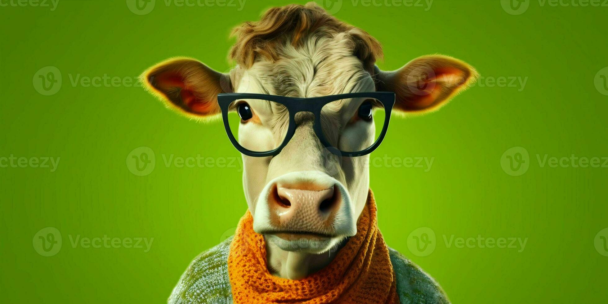 AI generated Portrait of Cool and Funny Cow Wearing Glasses in Studio Background. Generative AI photo