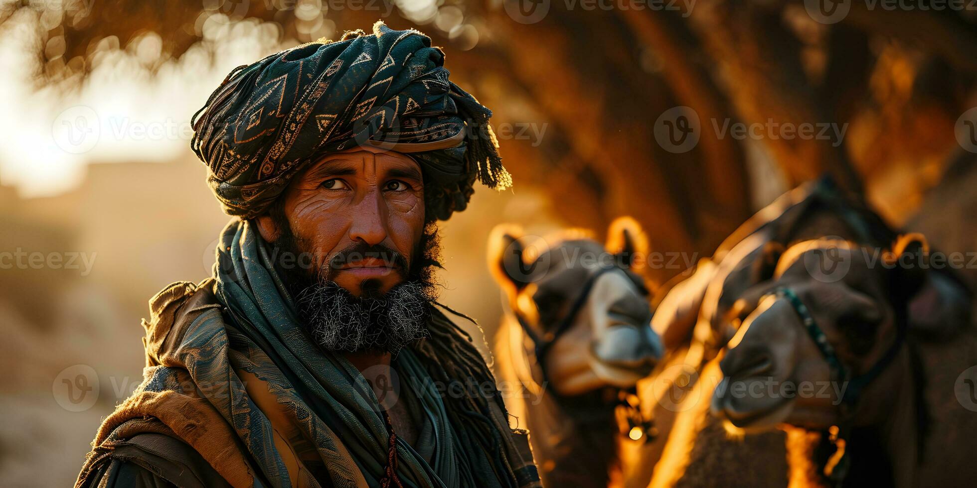 AI generated Middle eastern man with his camels in the desert at sunset. Generative Ai photo