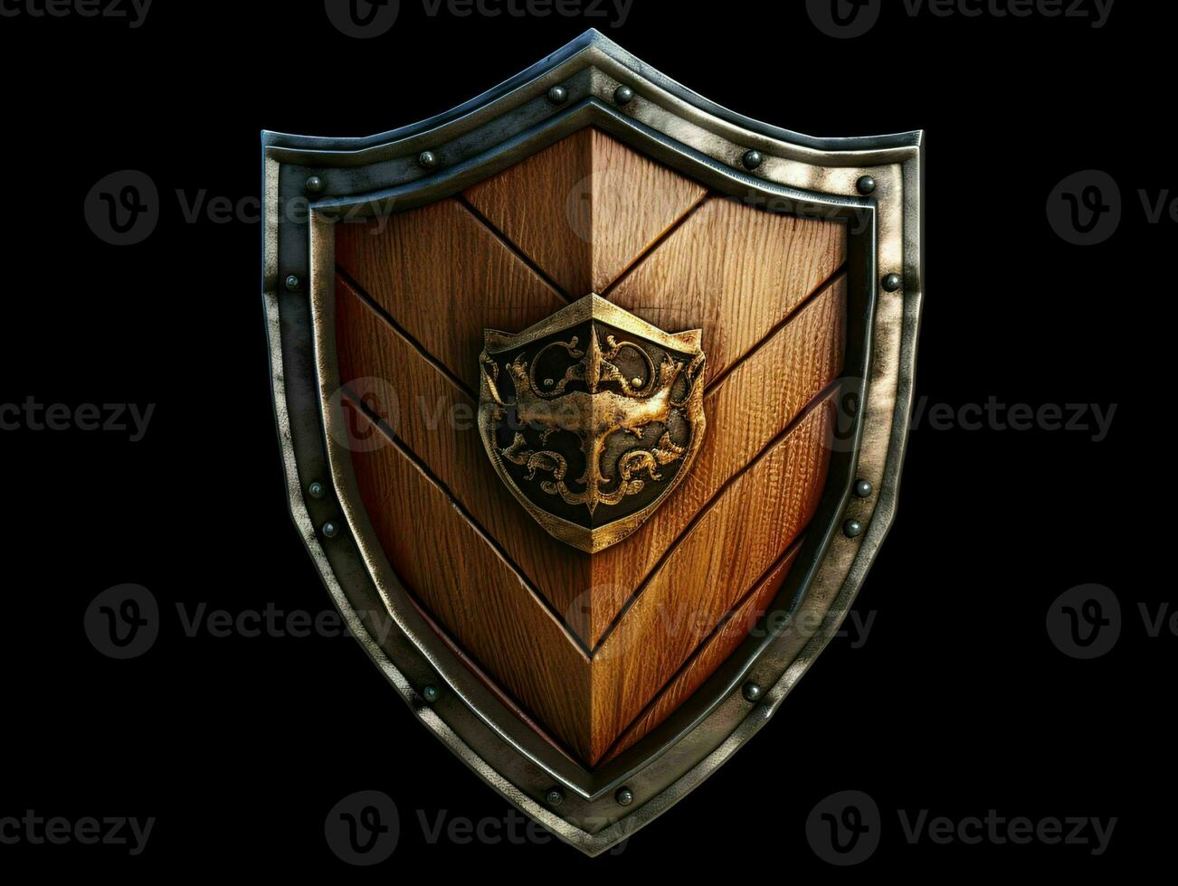 AI generated Medieval Wooden Shield with War Torn Mark. Generative AI photo