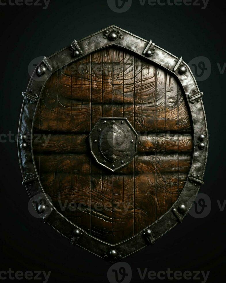 AI generated Medieval Wooden Shield with War Torn Mark. Generative AI photo