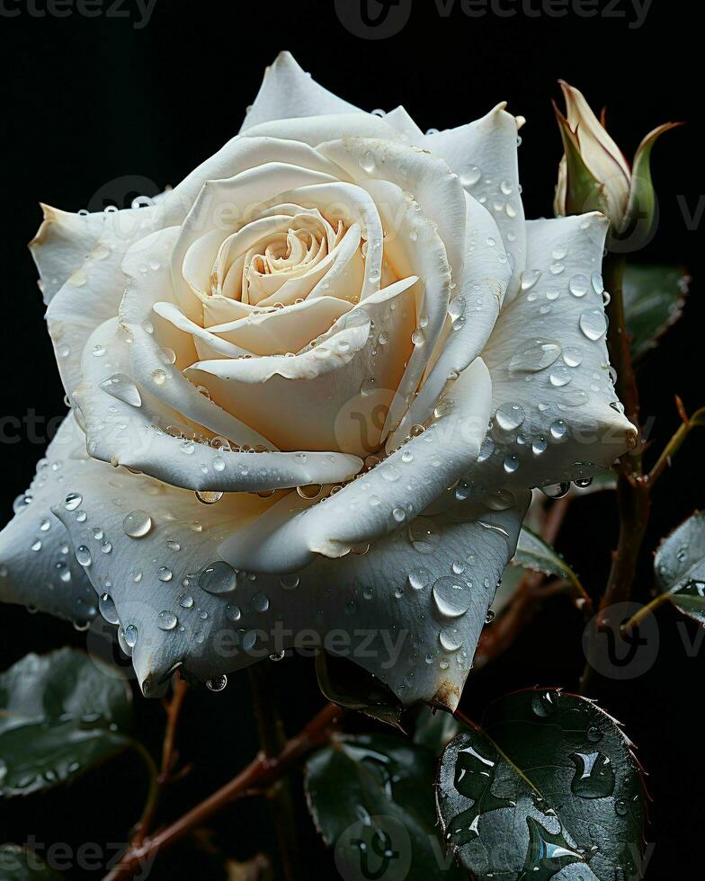 ai generado floreciente blanco Rosa con agua gotas en eso aislado en negro antecedentes. Rosa cerca arriba. generativo ai foto