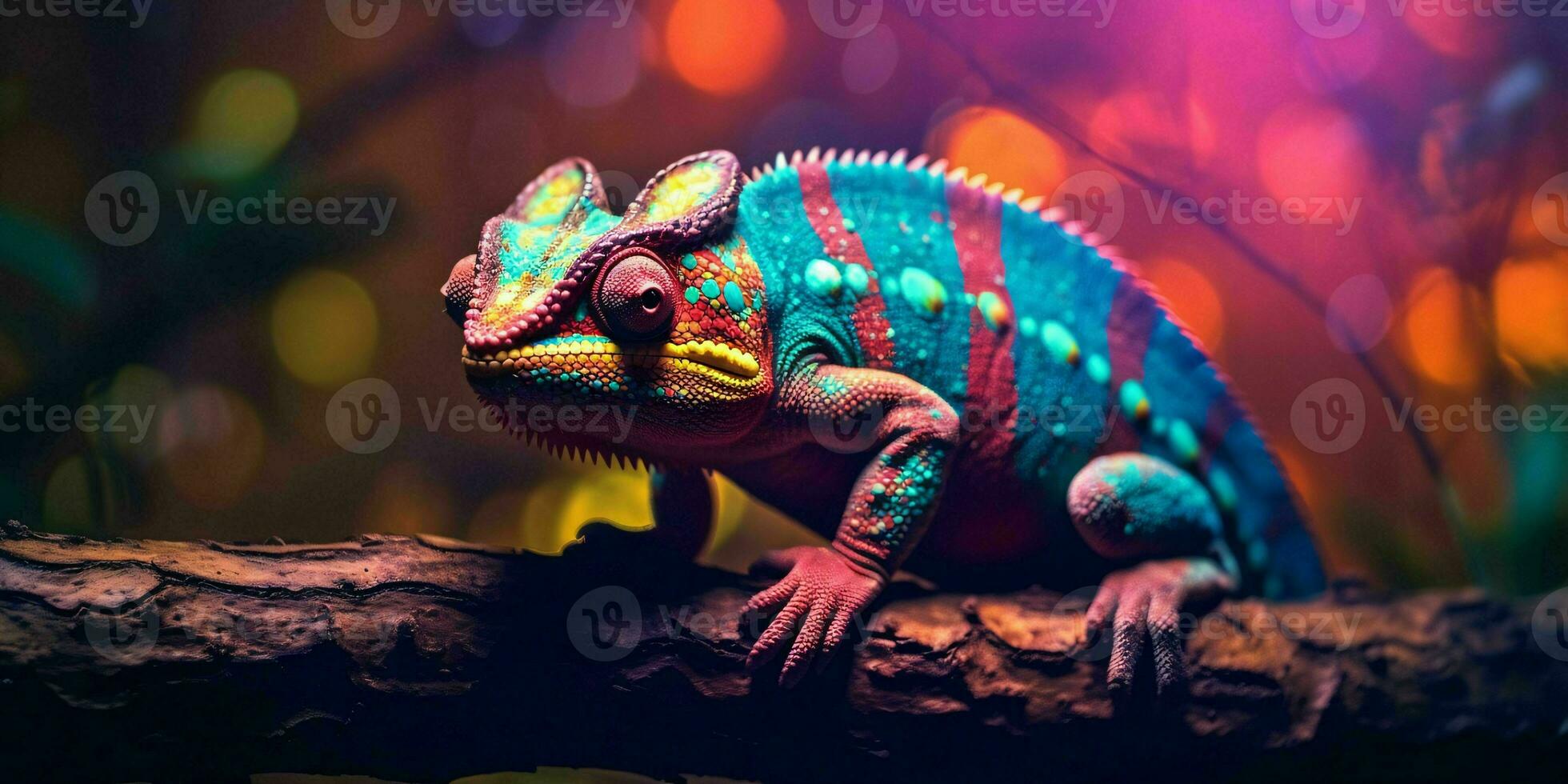 AI generated Colorful Chameleon Perched on a Tree Branch with Vibrant Neon Light Effect. Digital Art. Generative AI photo