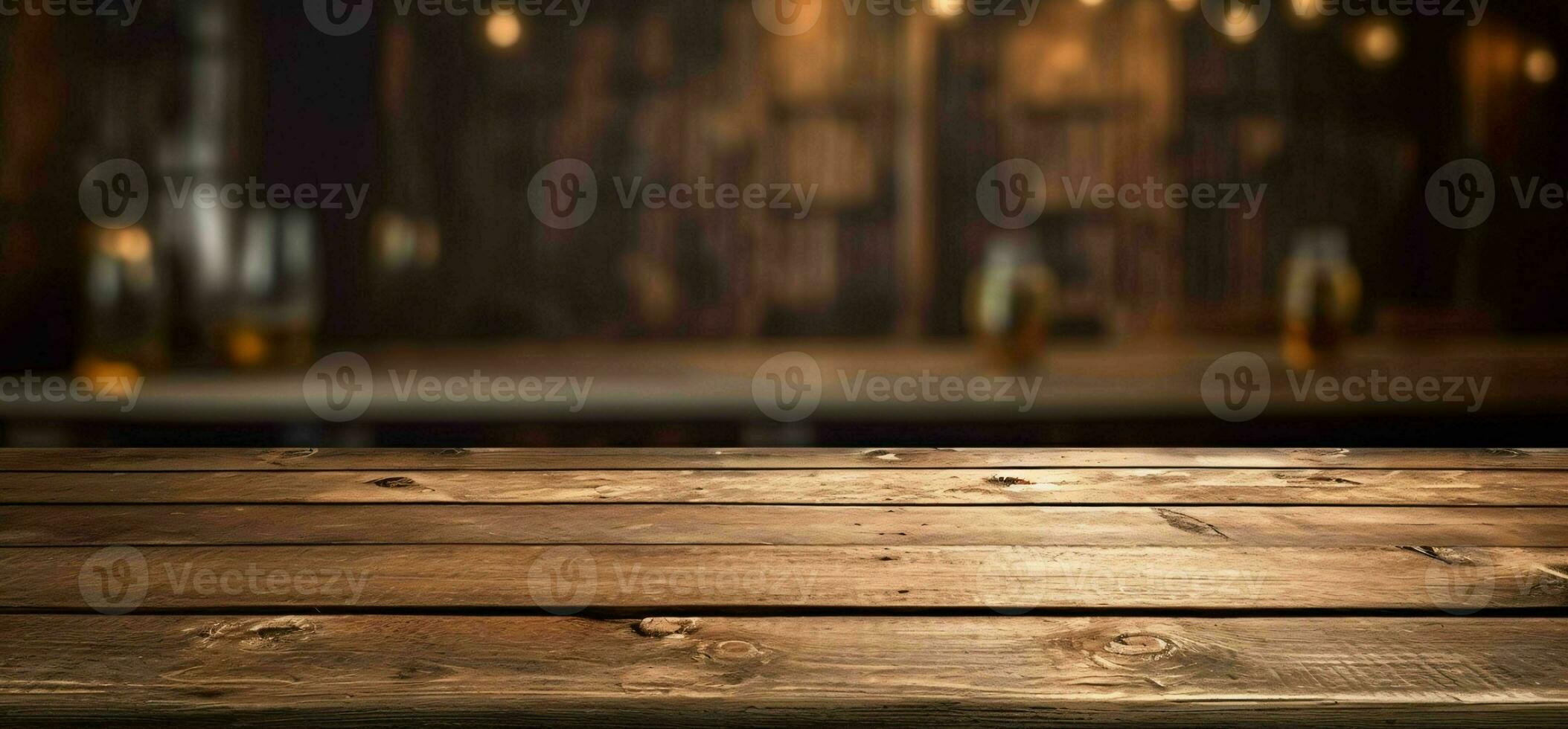 AI generated Empty Wooden Table with Bokeh Cafe Background and Golden Lights. Generative AI photo