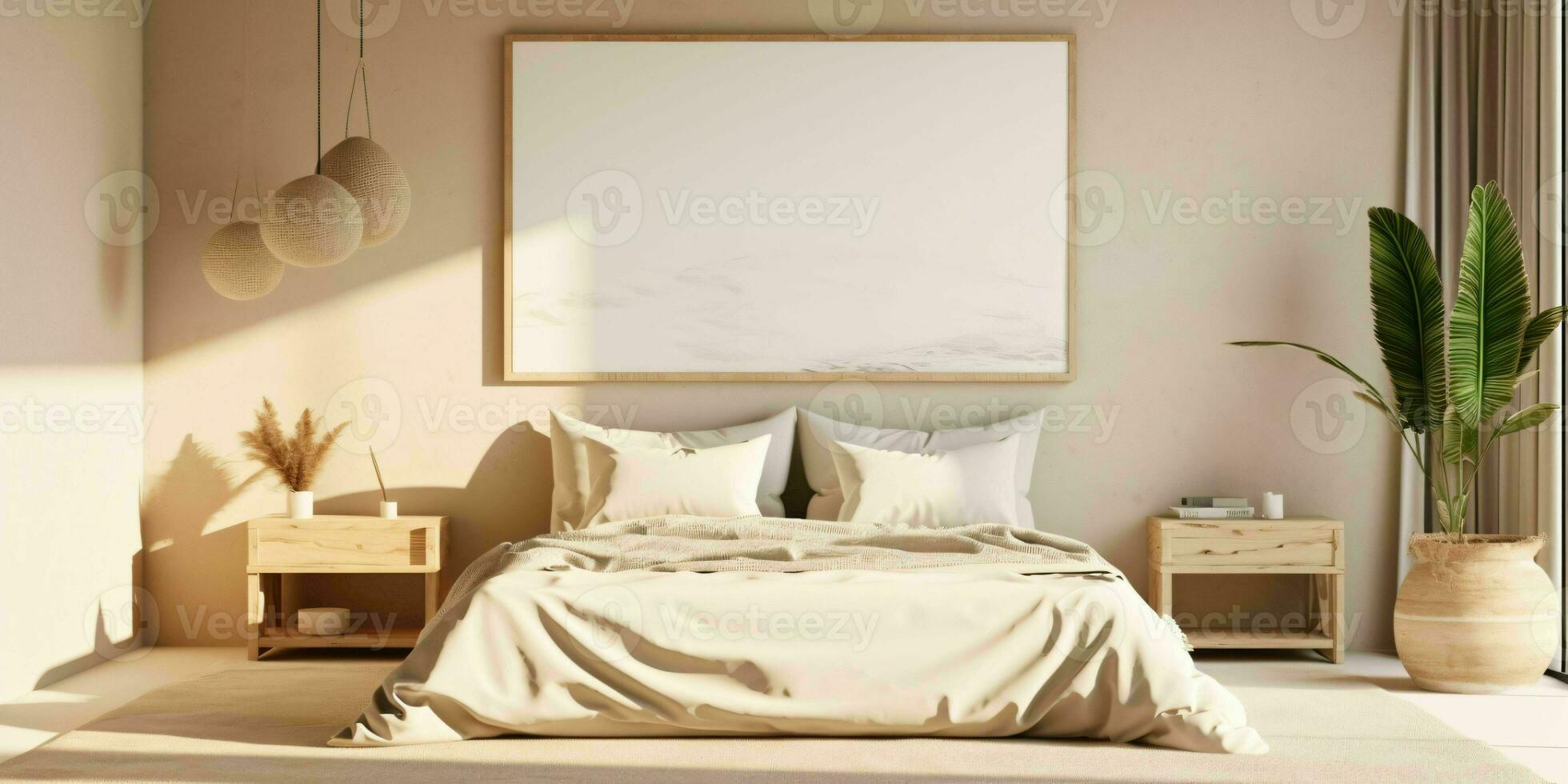 AI generated Minimalist Beige Bed Room Interior Design with Blank White Picture Frame Mockup. Generative AI photo
