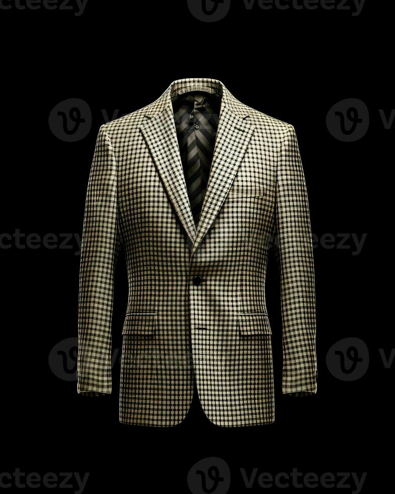 AI generated Elegant Beige Men's Suit with Gingham Motif Isolated on Black Background. Generative AI photo