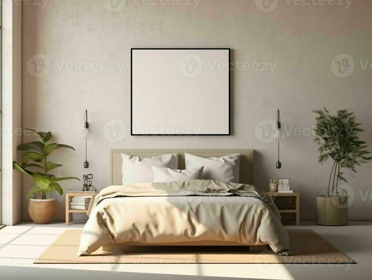 AI generated Minimalist Beige Bed Room Interior Design with Blank White Picture Frame Mockup. Generative AI photo