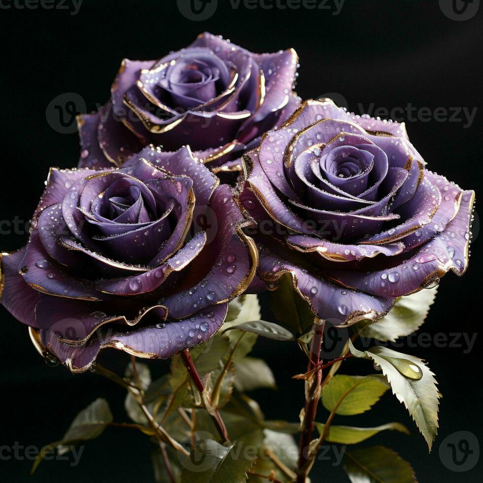 AI generated Purple and Gold Glass Rose Flower with Water Droplets on it Isolated on Black Background. Generative AI photo