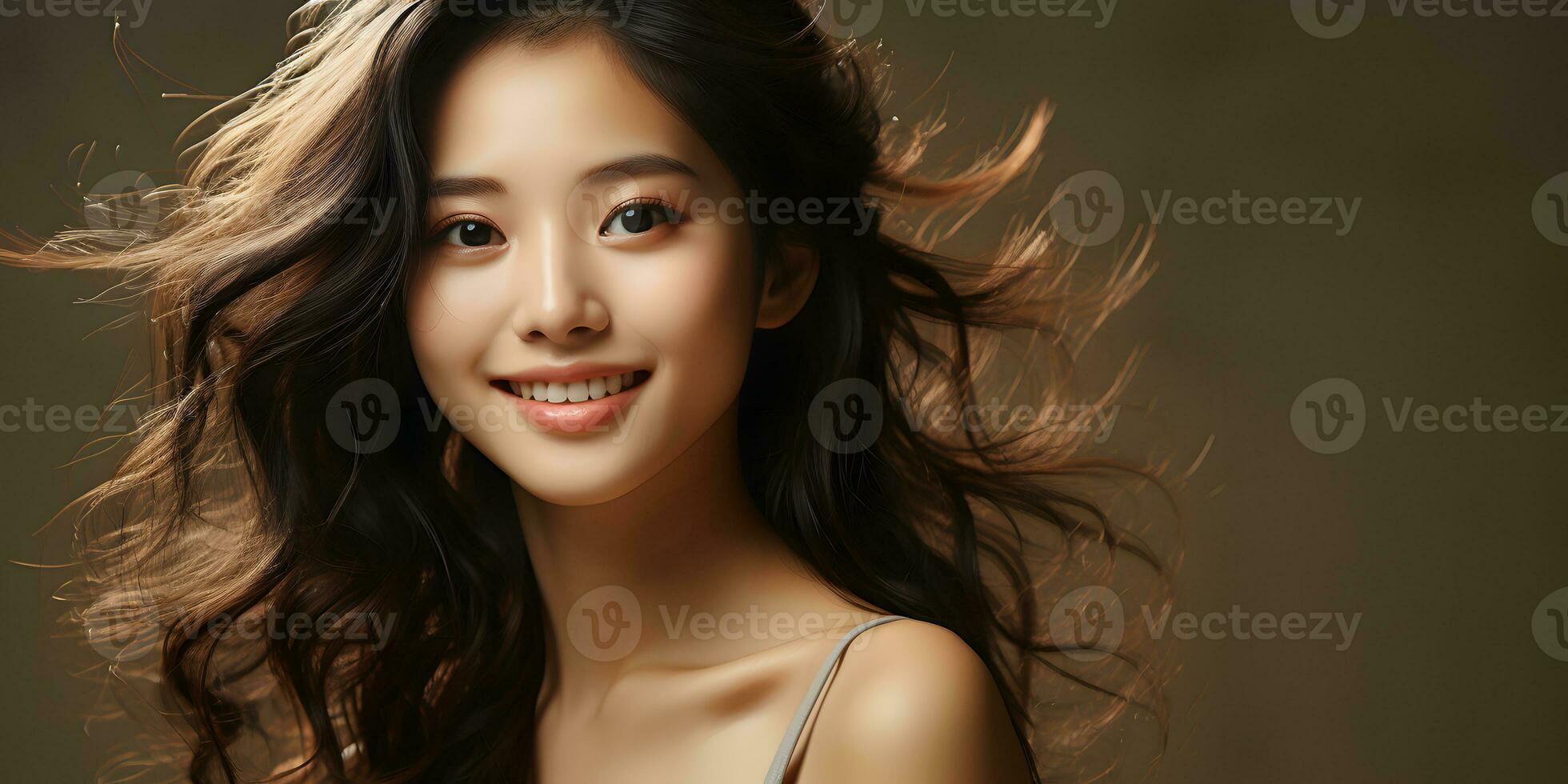 AI generated Portrait of a Smiling Long Haired and Young Asian Woman with Copy Space Background, for Beauty, Fashion, Skincare or Cosmetic Products. Generative Ai photo