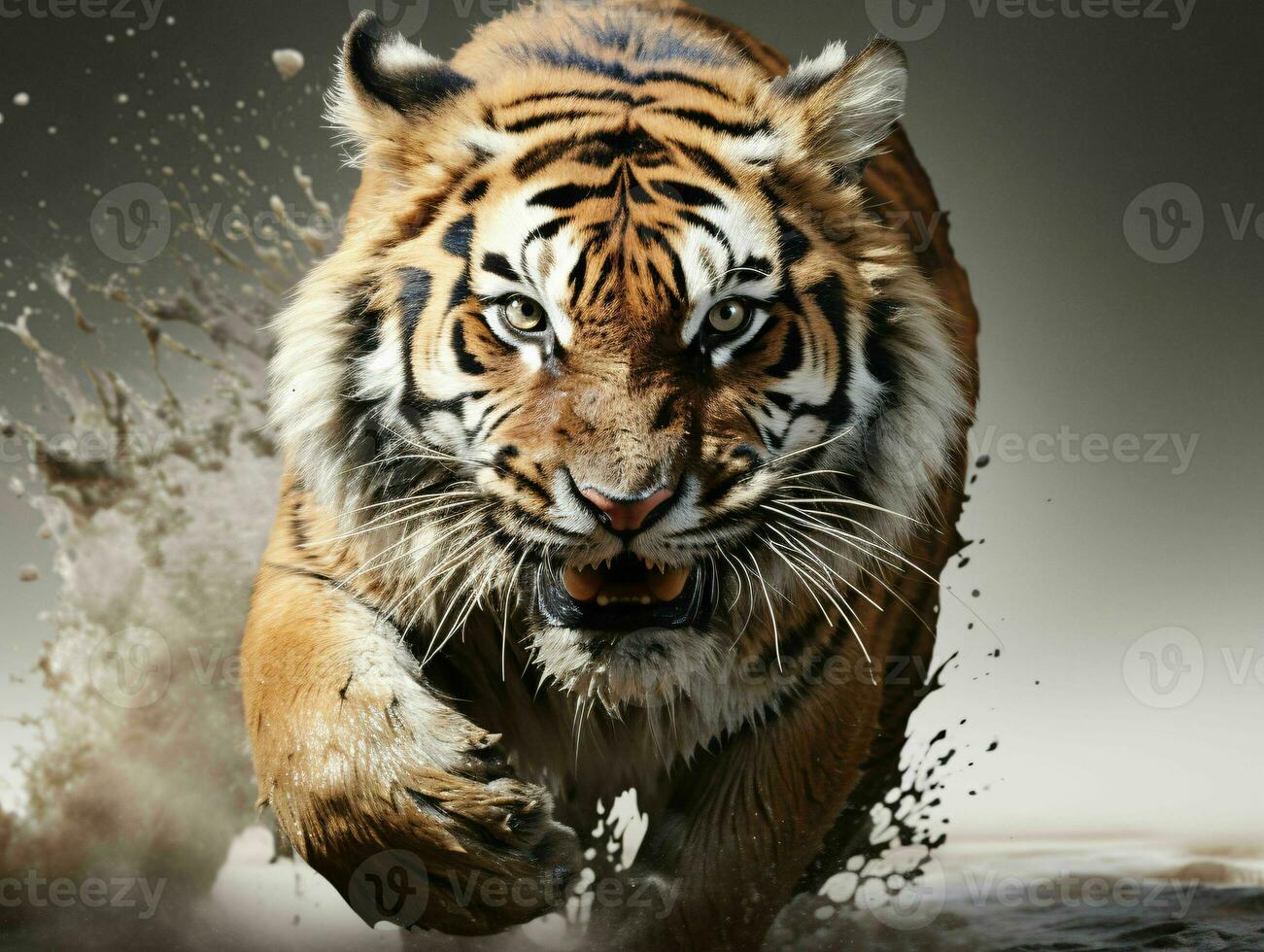 AI generated Portrait of a Ferocious Tiger Running Over the Mud. Generative AI photo